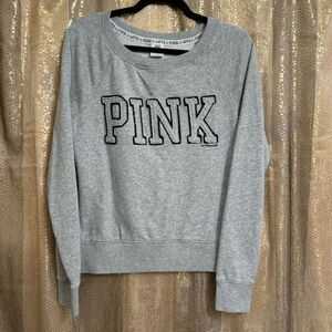 Vintage PINK Victorias Secret Gray Logo Pullover Sweater Small Flawed